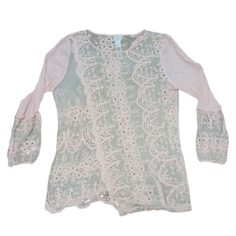 Chico's Pink Sheer‎ Lace Eyelet Blouse size L 801793